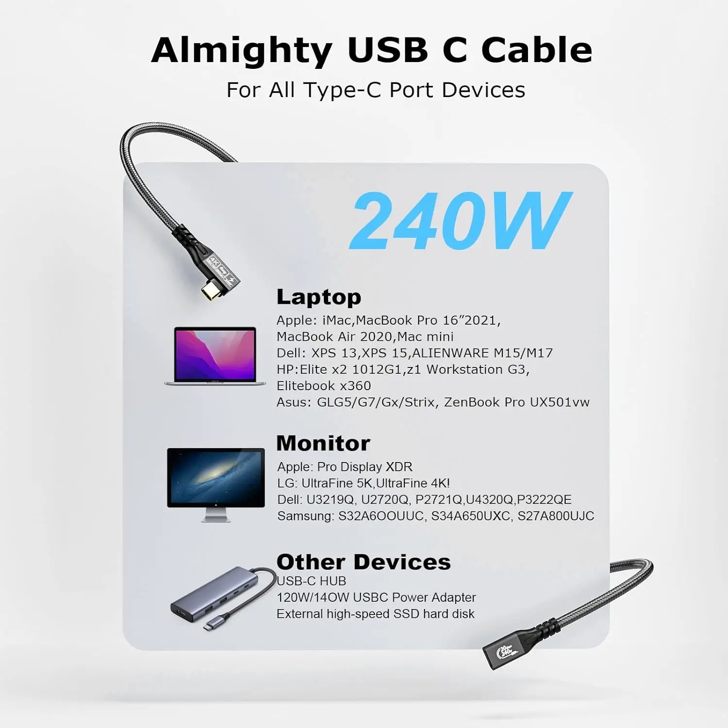 كابل USB C إلى USB C 3.2 ذكر Gen2 × 2 كابل شحن من النوع C، نقل البيانات بسرعة 20 جيجابت في الثانية، كابل شحن سريع 240 وات 48 فولت/5 أمبير، 4 ك