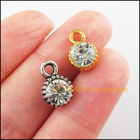 Fashion 15Pcs Retro Gold Color Tibetan Silver Plated Round Clear Crystal Charms Pendants 8.5x13mm