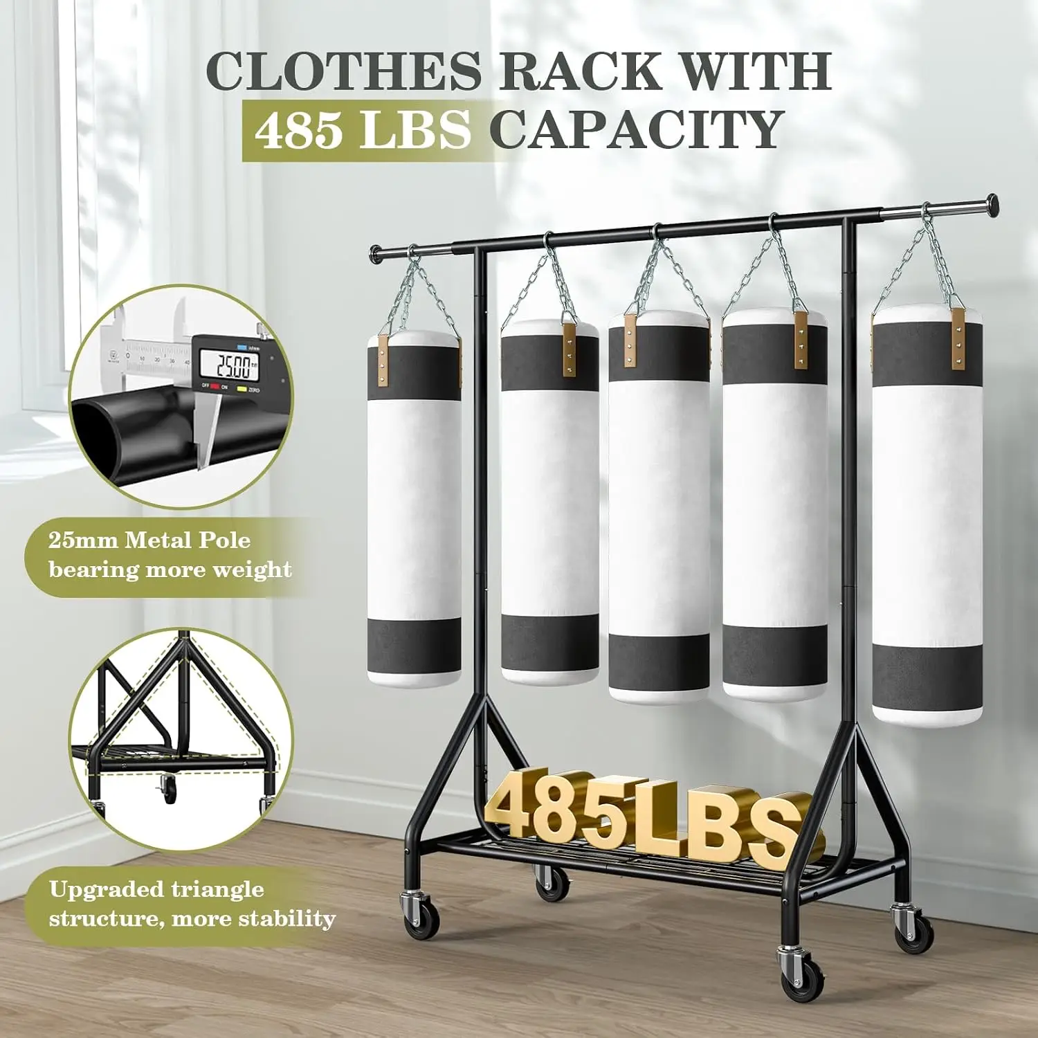 Clothes Rack Load 450 LBS, Heavy Duty Garment Rack, Standing Rolling Metal Hanging Clothes with Sturdy Wheels & Shelves, Black