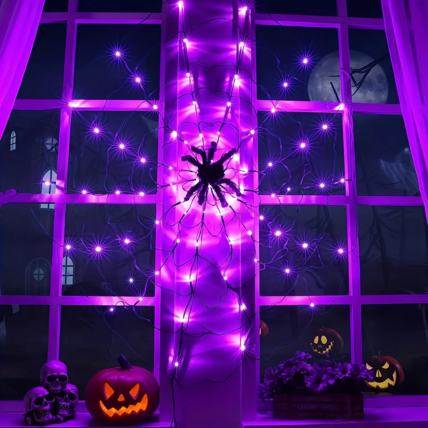 1pc  Spider Web LED String Lights with USB & Battery Power,  Decorative Halloween Lighting, Purple, Indoor/Outdoor Use, Includes