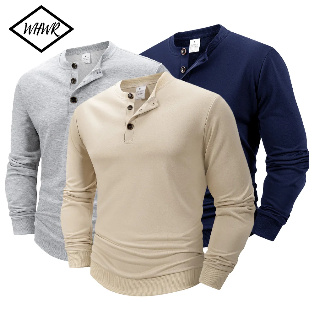 Outono masculino botão manga longa henley pescoço camiseta casual cor sólida respirável moletom roupas masculinas ao ar livre streetwear