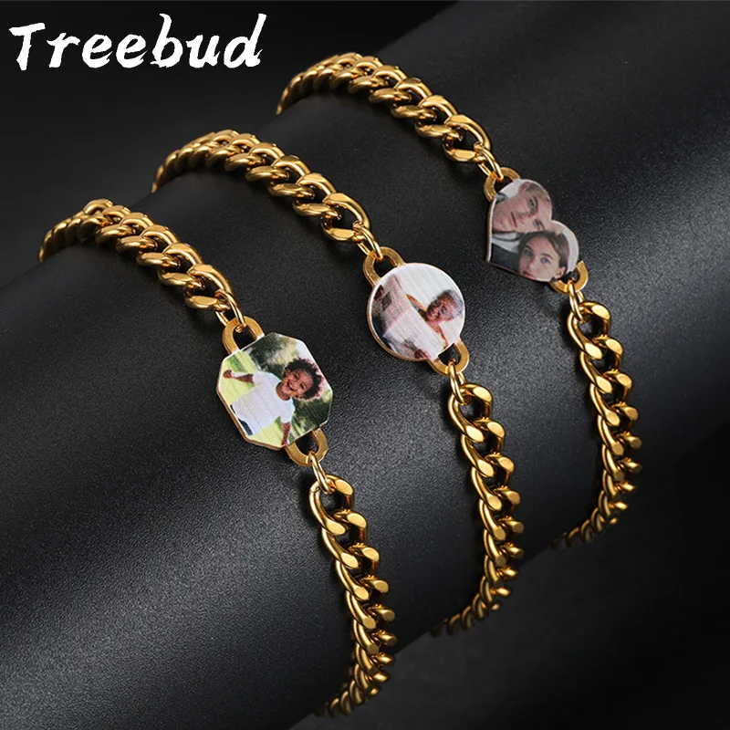 

Treebud Personalized Custom Color Photo Bracelet for Women Men Stainless Steel Engrave Picture Logol Text Cuban Chain Bracelet