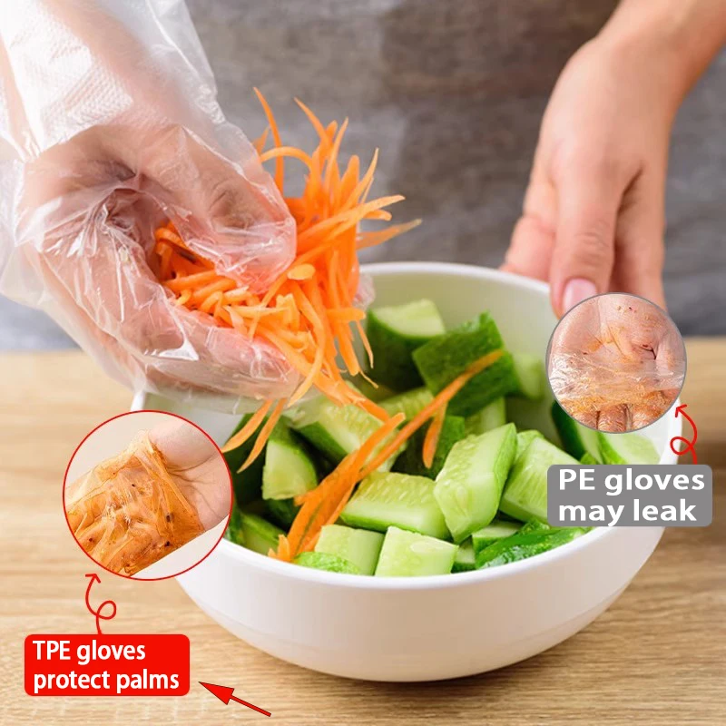 100/200pcs Disposable TPE Gloves for Kitchen Use, Thick, Transparent, Durable Rubber, Food Grade, Hairdressing and Tattoo Glove