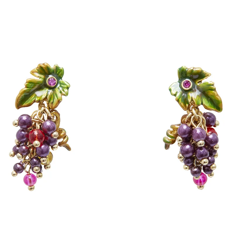 

Fashion Accessories Cute Fruits Enamel Glaze Green Leaves Glass Purple Pearls Grape Shape Dangle Earrings Ear Clips for Women