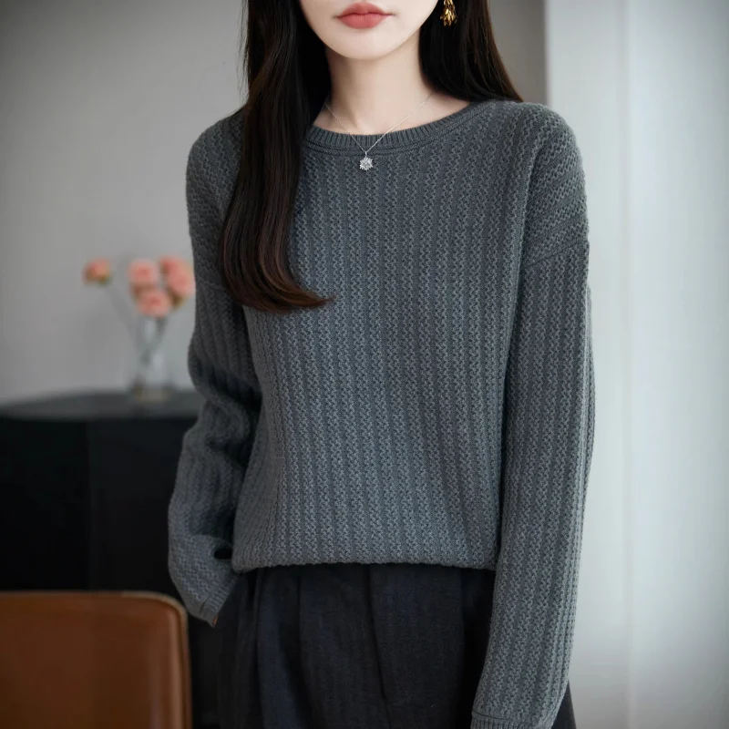 

Прямая продажа с фабрики, осень-зима, новый хлопковый вязаный свитер с круглым вырезом, женский высококачественный свободный утягивающий универсальный базовый ш