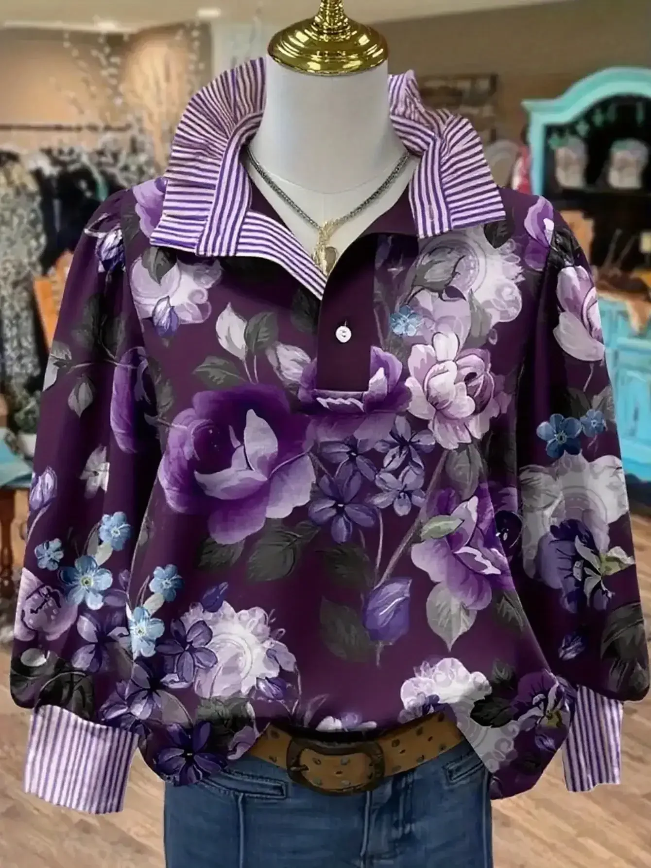 Women's Spring and Autumn Winter Collection Women's Stand up Collar Shirt Long Sleeve, Vintage Printed Holiday Travel Essential,