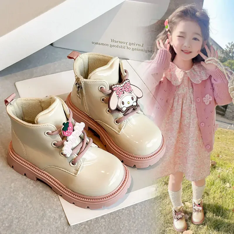 Girly Heart Kawaii Ins Fashion Kuromi Pendant Martin Boots Cute My Melody Children Sweet Princess Leather Boots Gifts for Kids