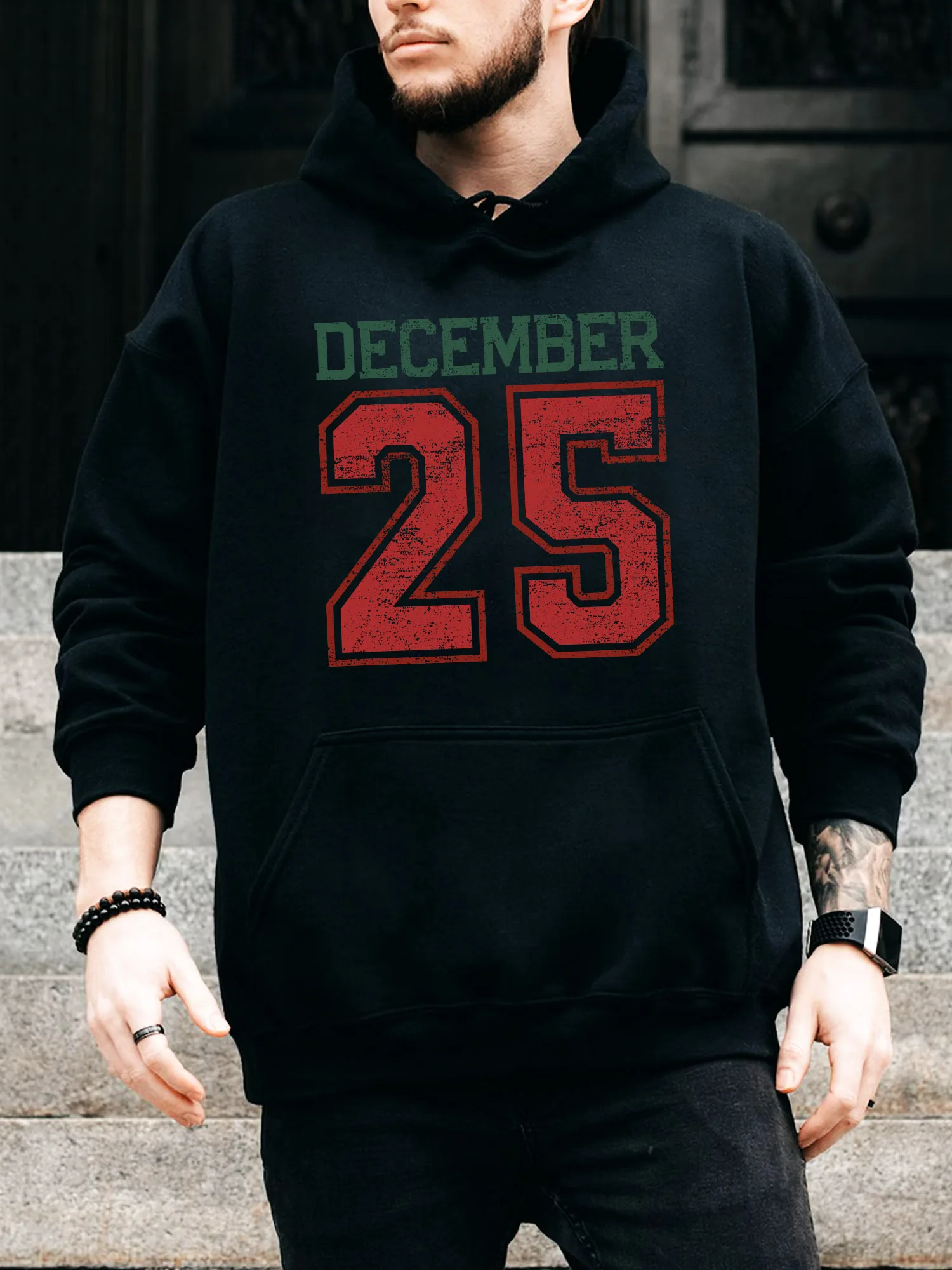 Sudadera con capucha desgastada con cordón para hombre de 25 de diciembre: jersey negro informal y cómodo, sudadera con capucha de otoño e invierno