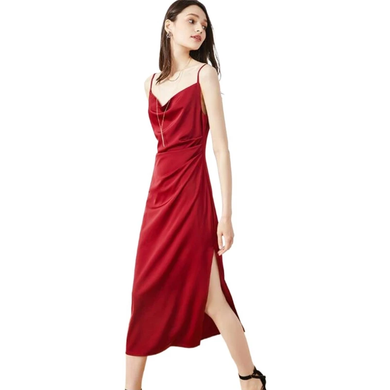 

High Street Summer Women Vintage Dress Elegant Party Sleeveless Satin Long Dress Lady A-Line High Slit Suspender Vestido korean