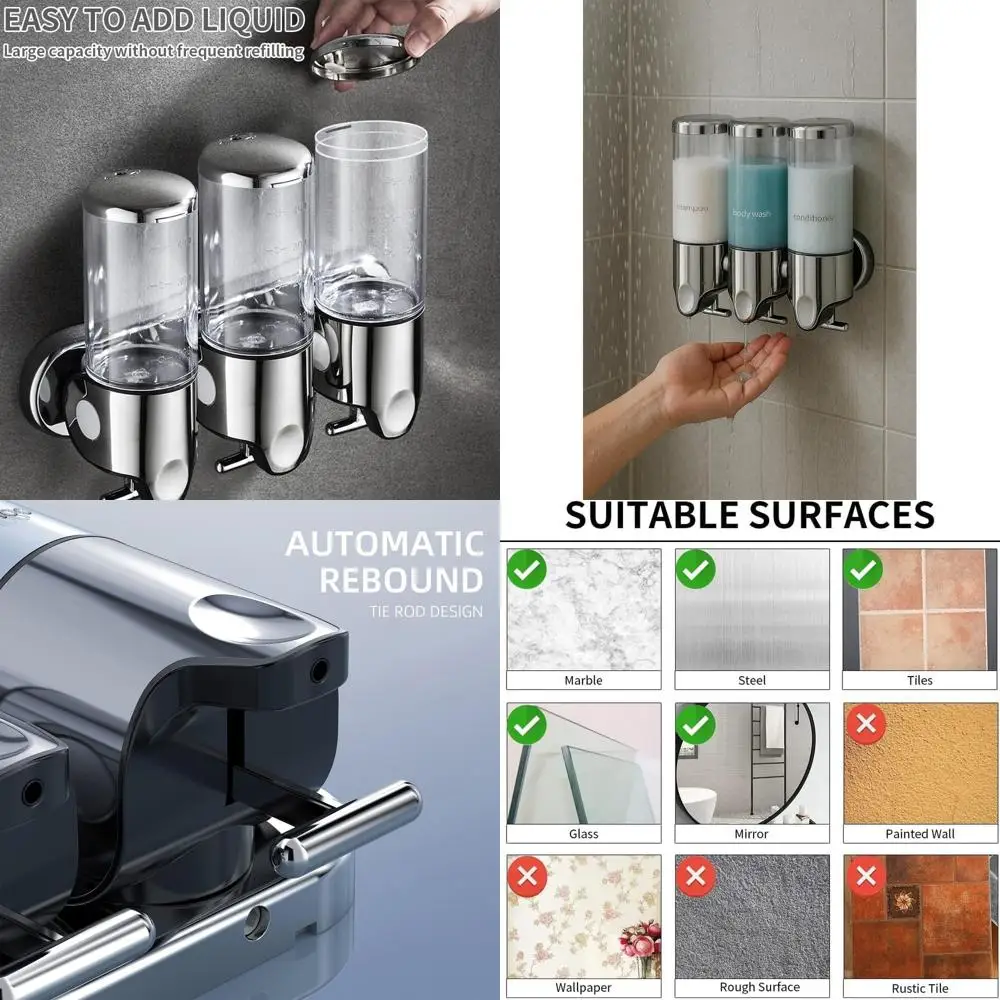 

Triple Wall Mount Soap Dispenser Set, Stainless Steel, 3x 500ml Shampoo & Conditioner Pumps, Adhesive, Reusable, Luxury Organize