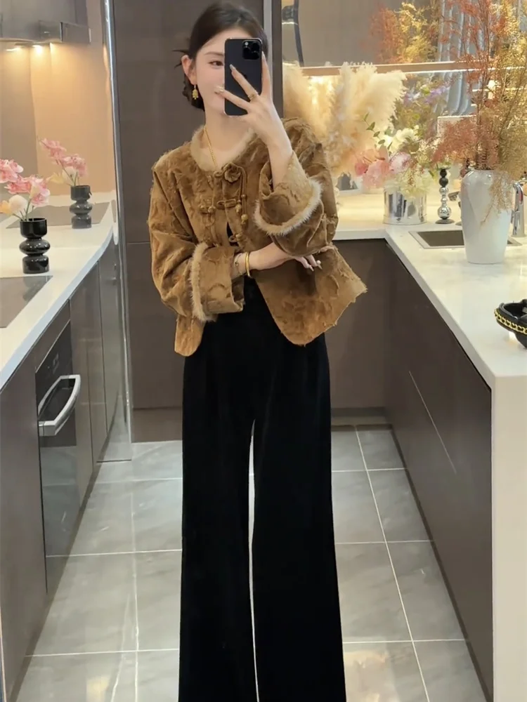 Conjunto de abrigo y pantalones con botones de estilo chino para mujer, exquisito, a la moda, de gama alta, otoño/invierno, nuevo conjunto de dos piezas, 2025