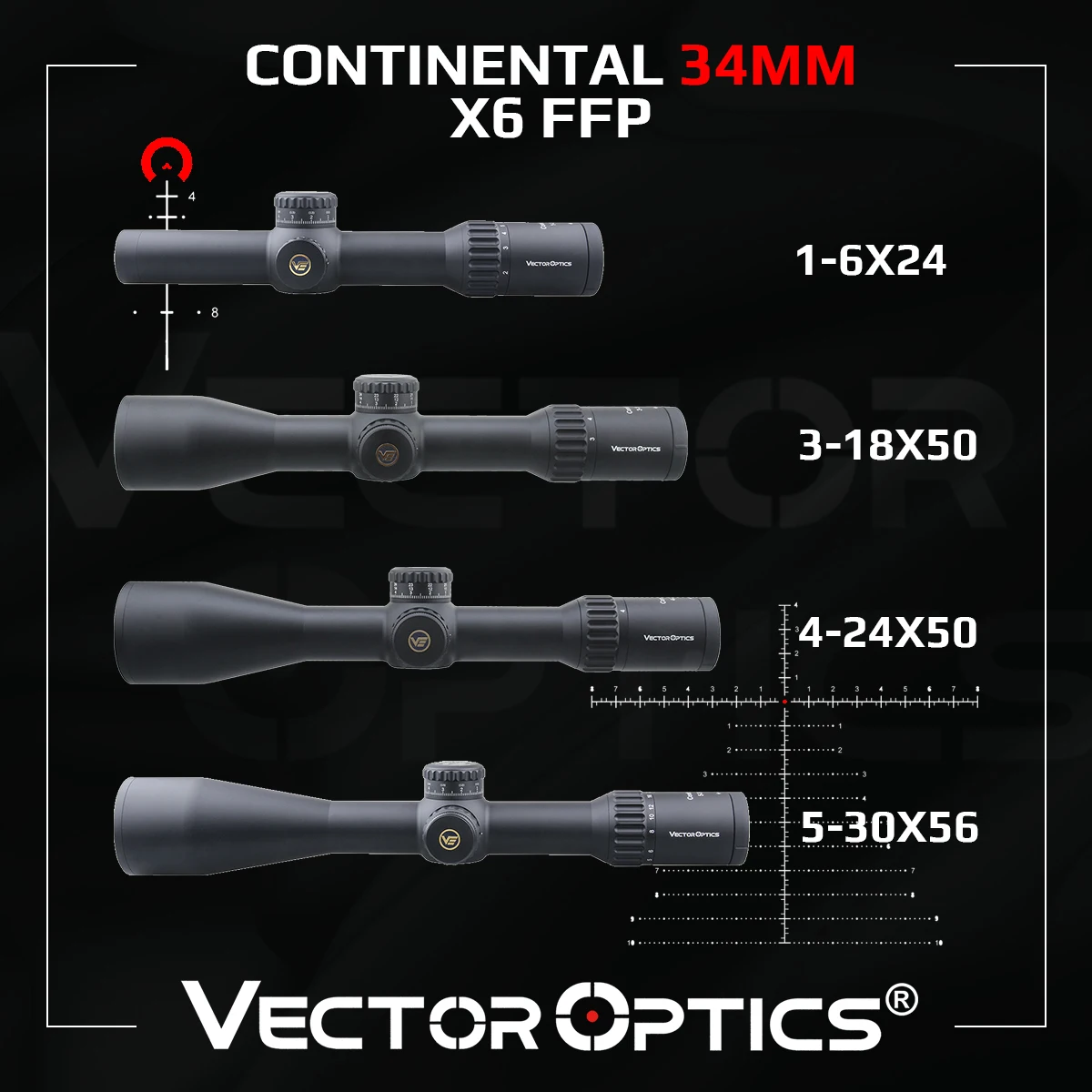 

Vector Optics Continental 34mm FFP 1-6x28 3-18x50 4-24x56 5-30x56 Hunting Riflescope Tactical Rifle Scope Zero Stop Top Line