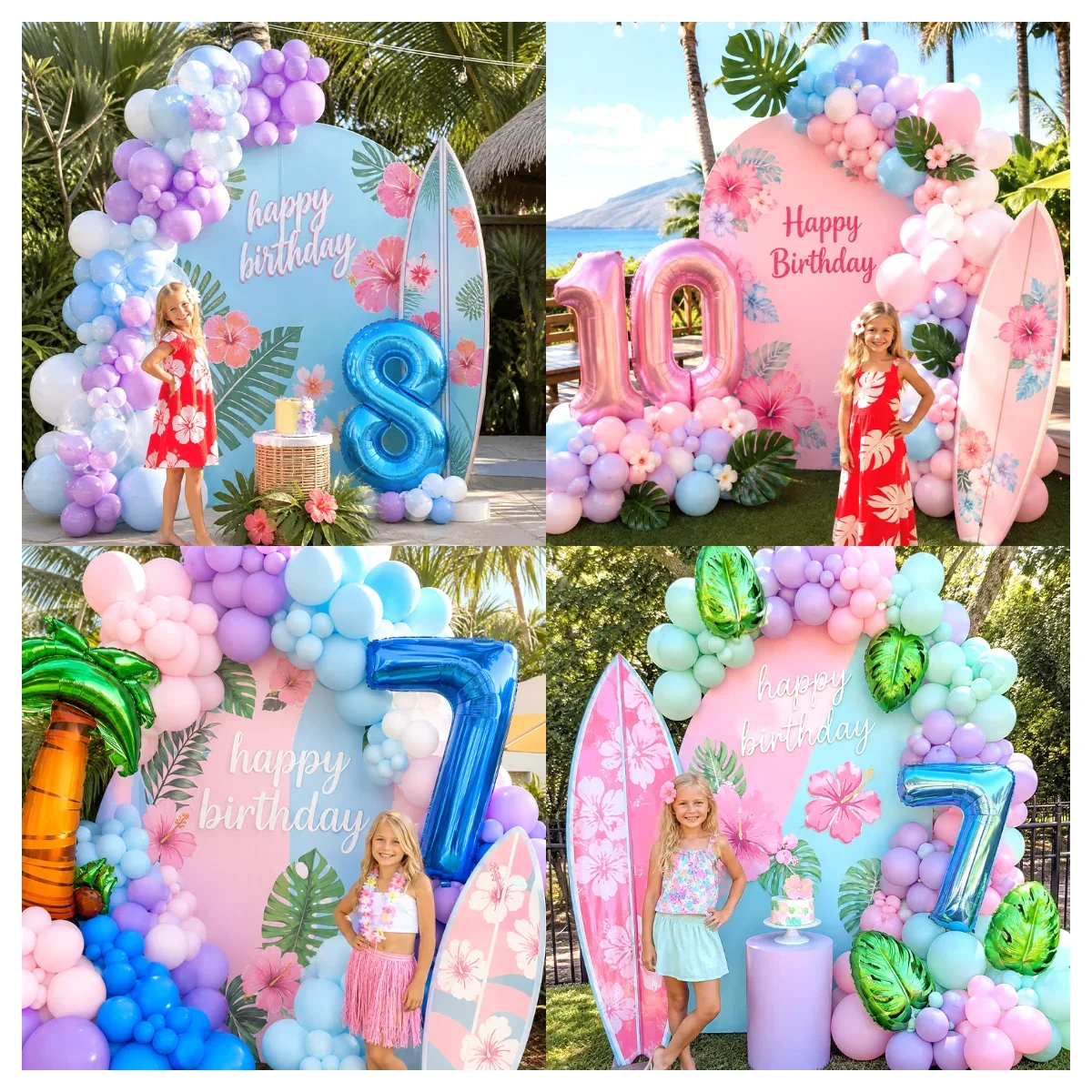 Balloon Bouquet,Stitches Pattern Foil And Latex Balloons With Hibiscus And Coconut Palm for Summer Island Themed Party