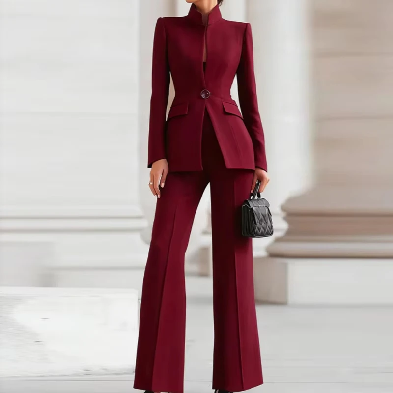 Conjunto Elegante de Blazer de Manga Longa + Calças, Outono, Cor Sólida Simples, Roupa para Trabalho, Conjunto Profissional Feminino Slim Fit