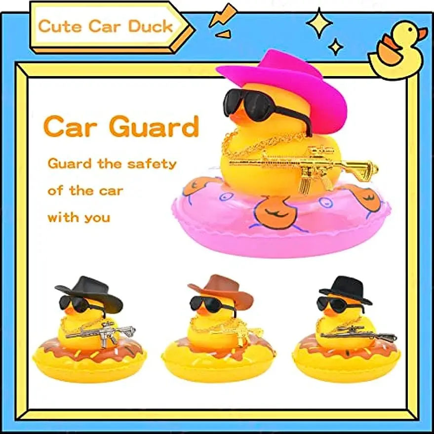 Office Decoration Car Rubber Duck Decoration Dashboard Yellow Duck with Weapon Hat Sunglasses Gold Chain