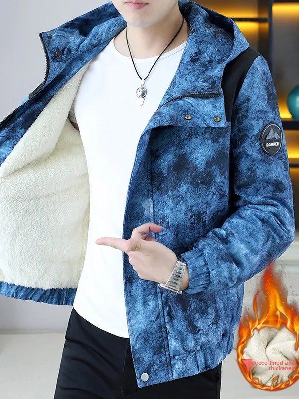 جاكيت رجالي فضفاض على الطراز الأمريكي مبطن بالصوف السميك للخريف والشتاء معطف قطني مطبوع بغطاء للرأس عصري للشباب من ألياف البو...