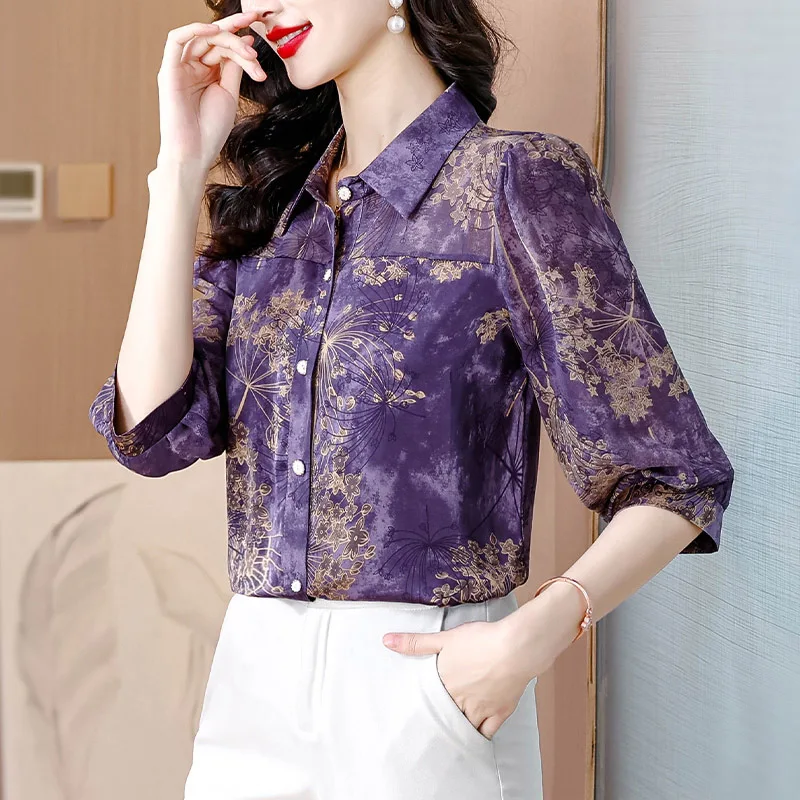 Summer Elegant Fashion Purple Chiffon Shirts Women Chinese Style Vintage Short Sleeve Turn-down Collar Blouses Chic Loose Tops