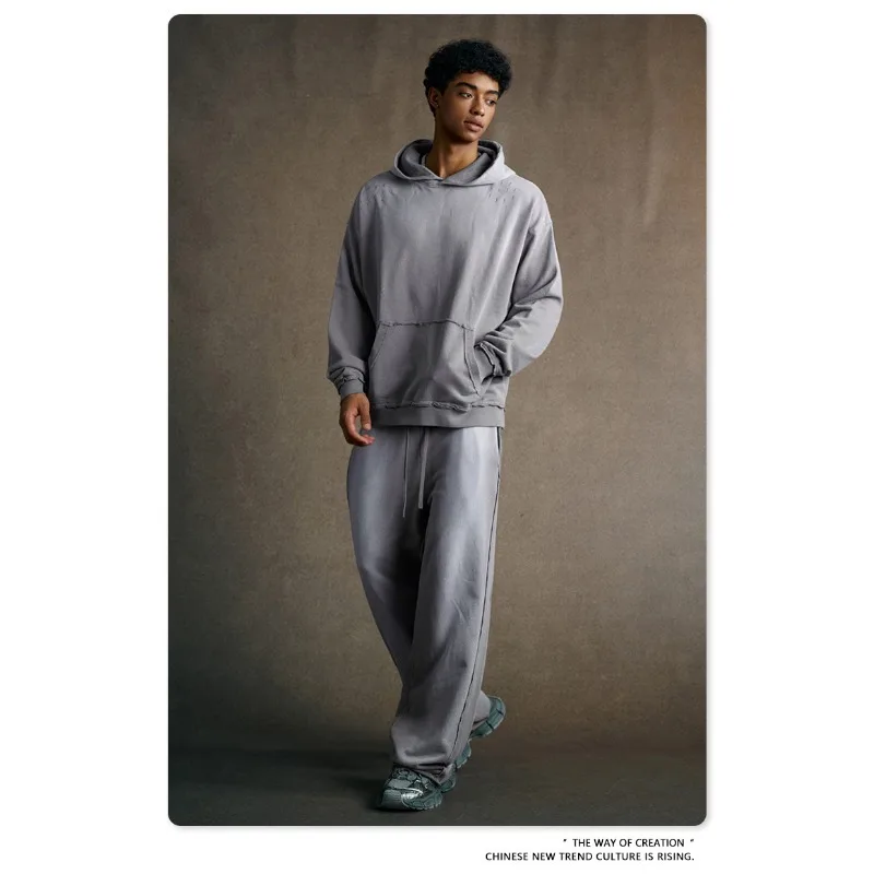 Men Gradient Washed Distressed Hooded Sweatshirt Loose Casual Pullover Top
