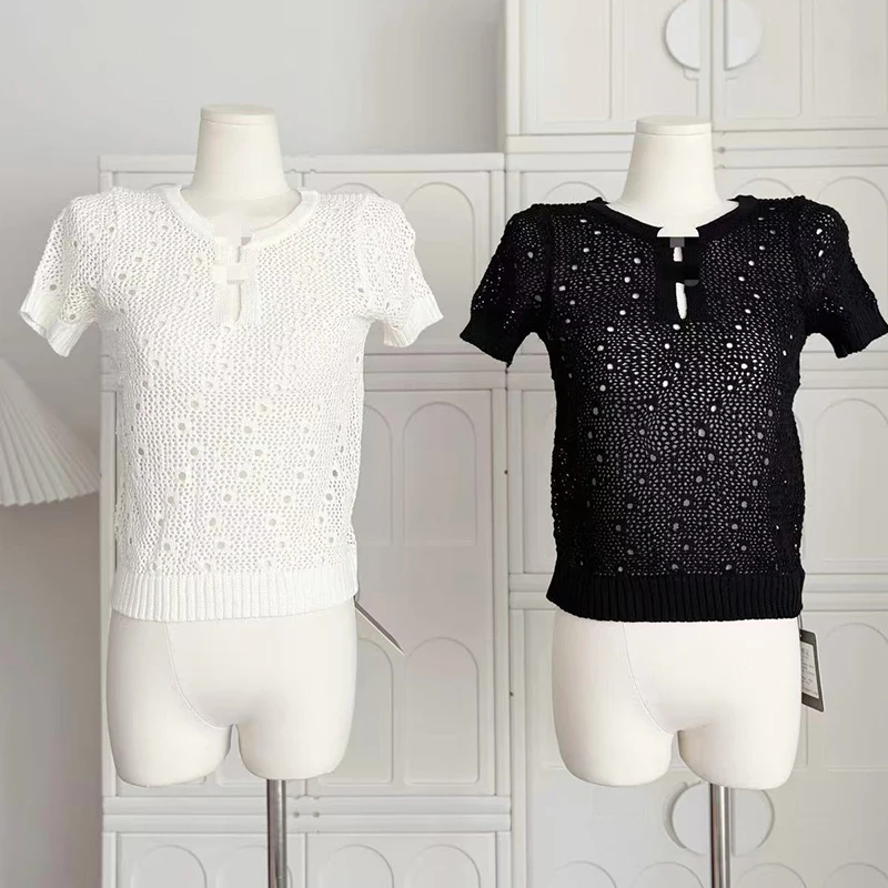 자수 속이 빈 니트 탑 슬림핏 스웨터 한국 패션 니트웨어 반소매 블랙 셔츠
