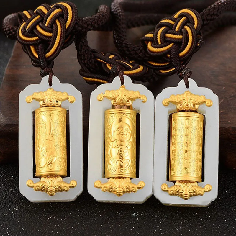 Real Hetian Jade Pendant For Women 4D Hard Gold Lucky Prayer Wheel Kwan-yin Buddha Pendants