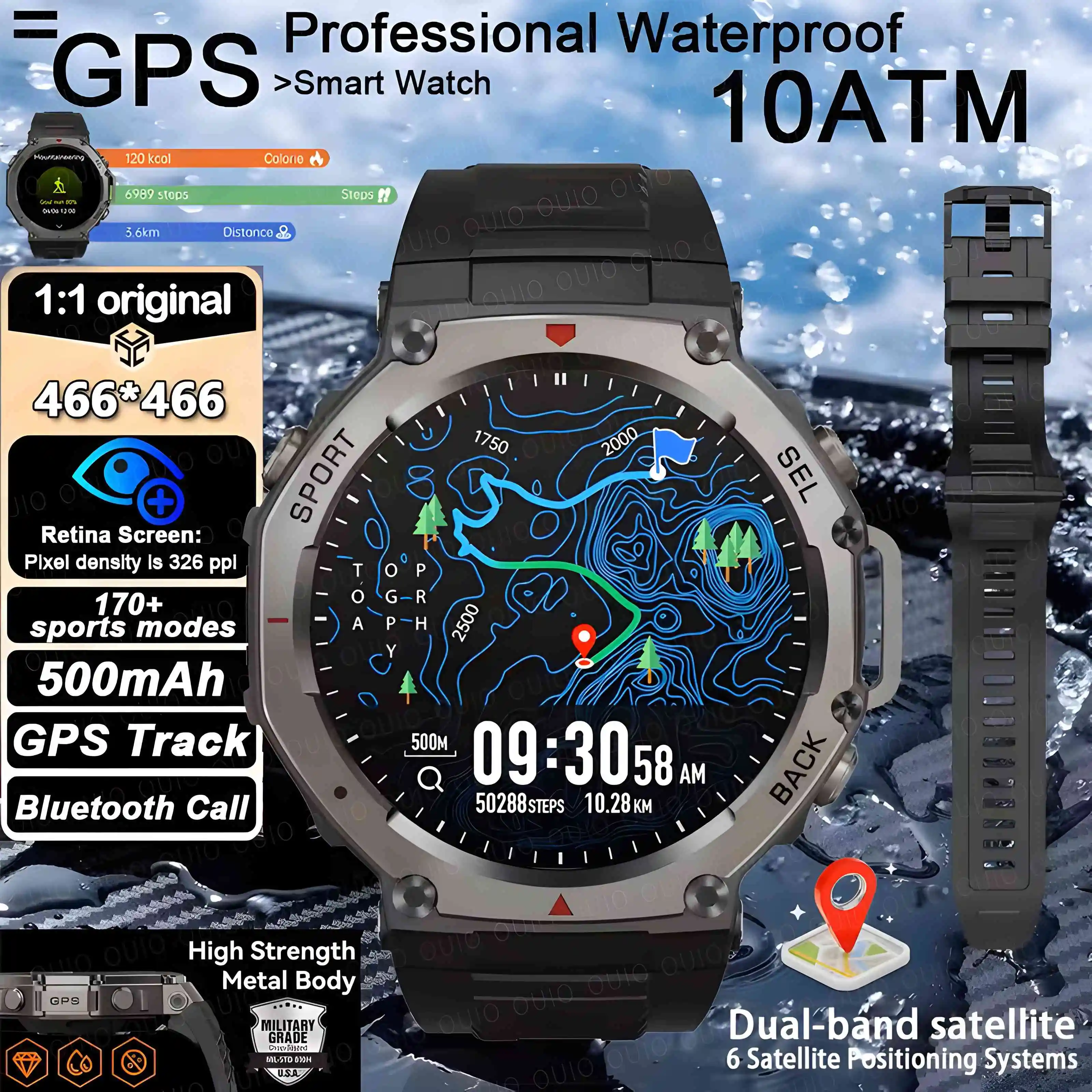 

Новинка 2023 года, мужские умные часы с GPS, 10 АТМ, IP69K, водонепроницаемые умные часы с компасом, альтиметр, барометрические 1,43 дюйма, AMOLED для браслета HUIAWE