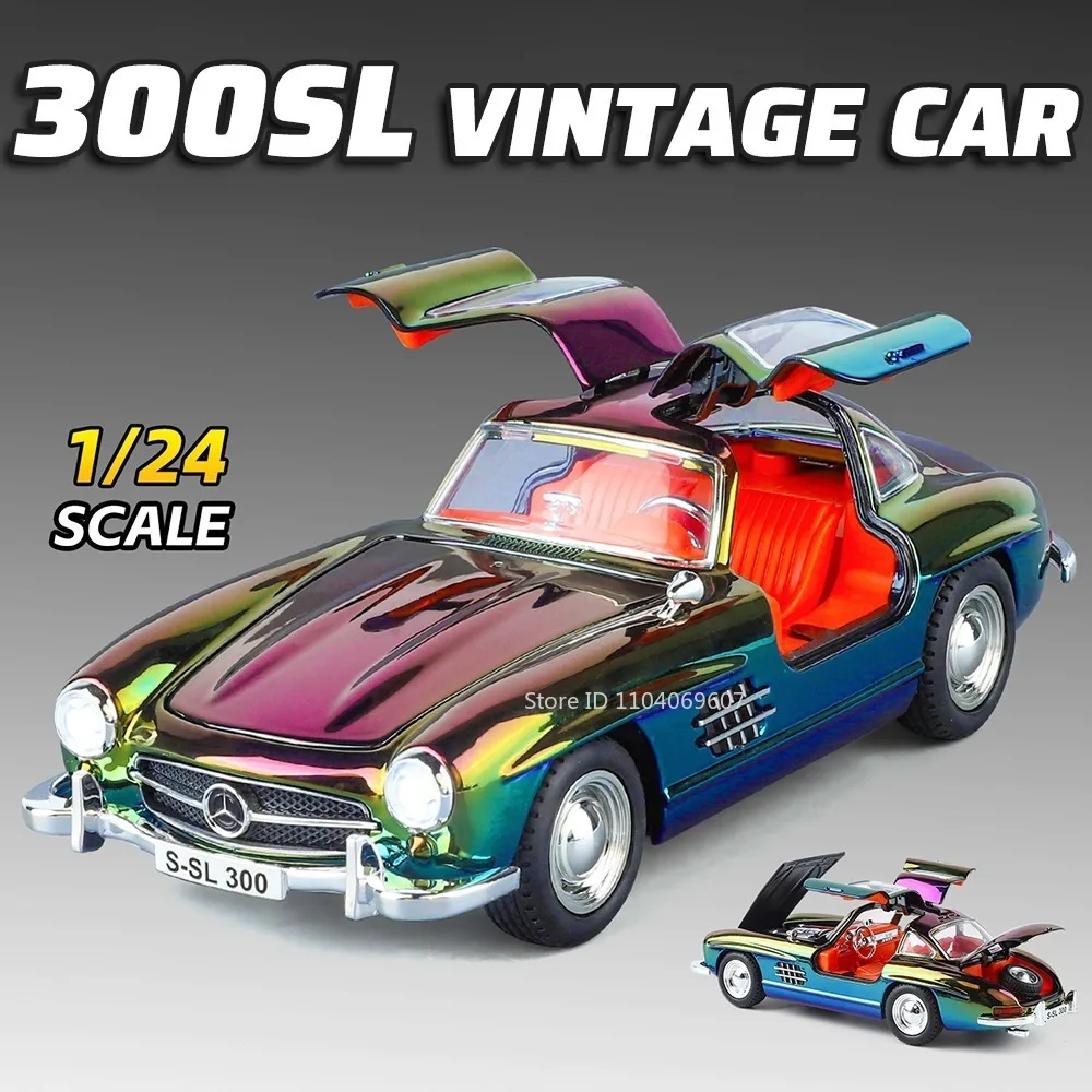 

1:24 300SL 500K Model Vintage Car Toys Alloy Diecast Shock Absorption Sound Light Pull Back Exquisite Interior for Kids Gifts