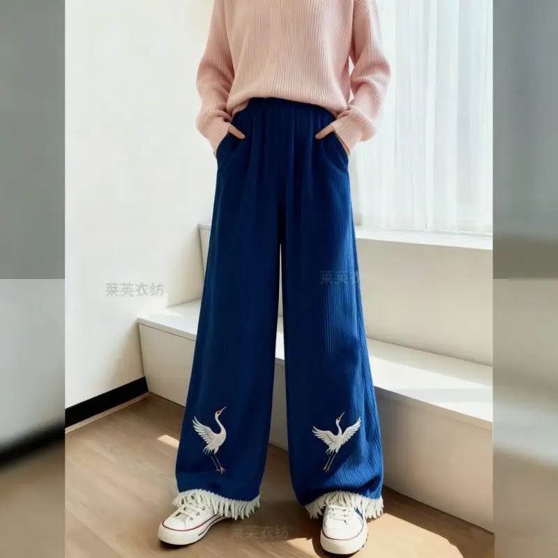 سراويل شتوية صينية جديدة، طراز وطني، فاخرة، سراويل واسعة الساق مطرزة بالزهور، ثنية للخريف والشتاء