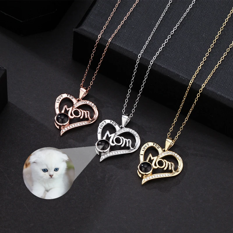 

S925 Sterling Silver Personalized Custom Photo Projection Necklace I Love You Mom Letter Pendant Unique Gift for Mother