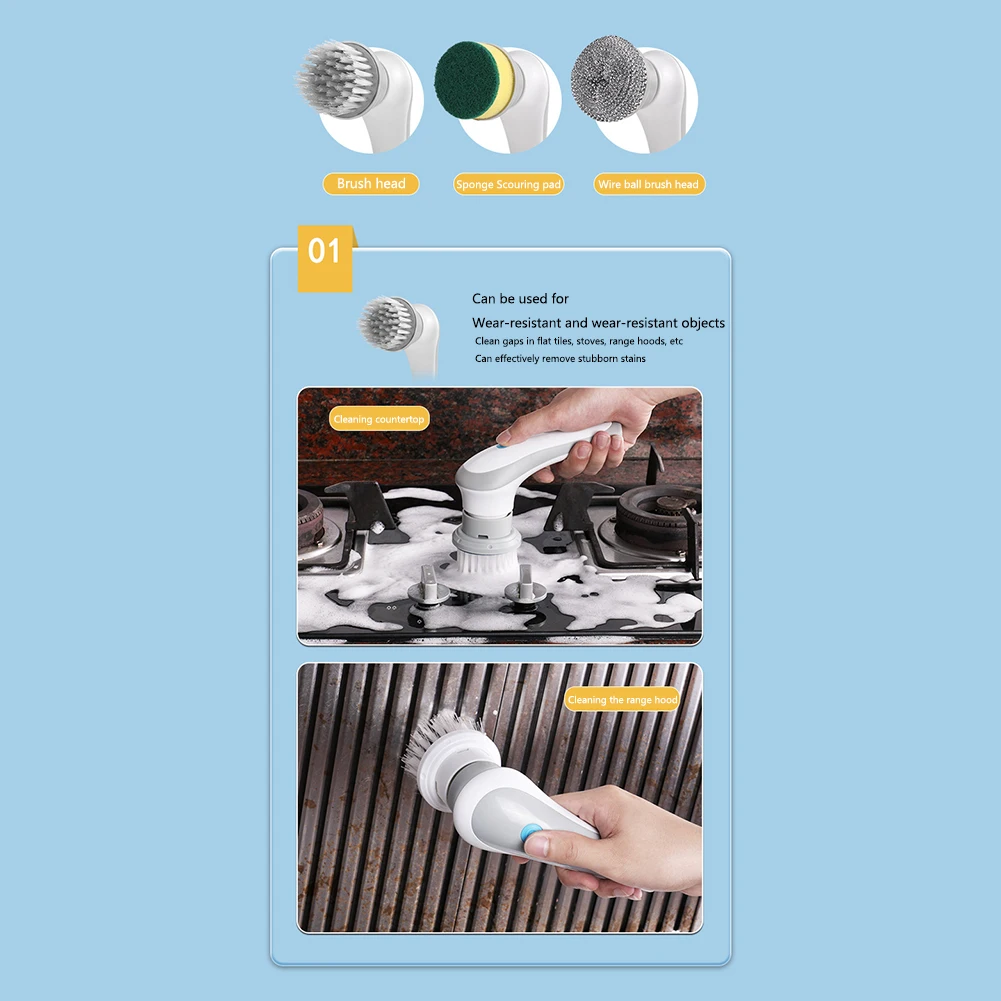 Electric Clean Brush Multifunctional Handheld Scrubber Brush 360 Degree Rotation 3 Replaceable Brush Heads Kichen Accessories