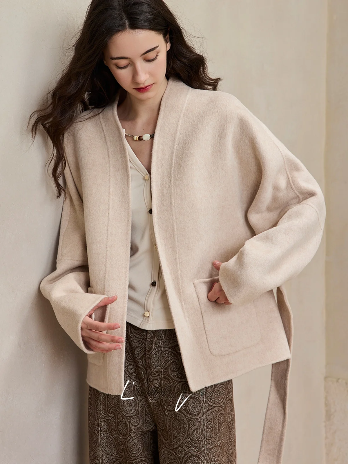 

Warmth Double-sided Woolen Coat Lunique Alpaca Wool Belted Robe Sle Women's Faion Autumn Season 90% Wool 0% Alpaca