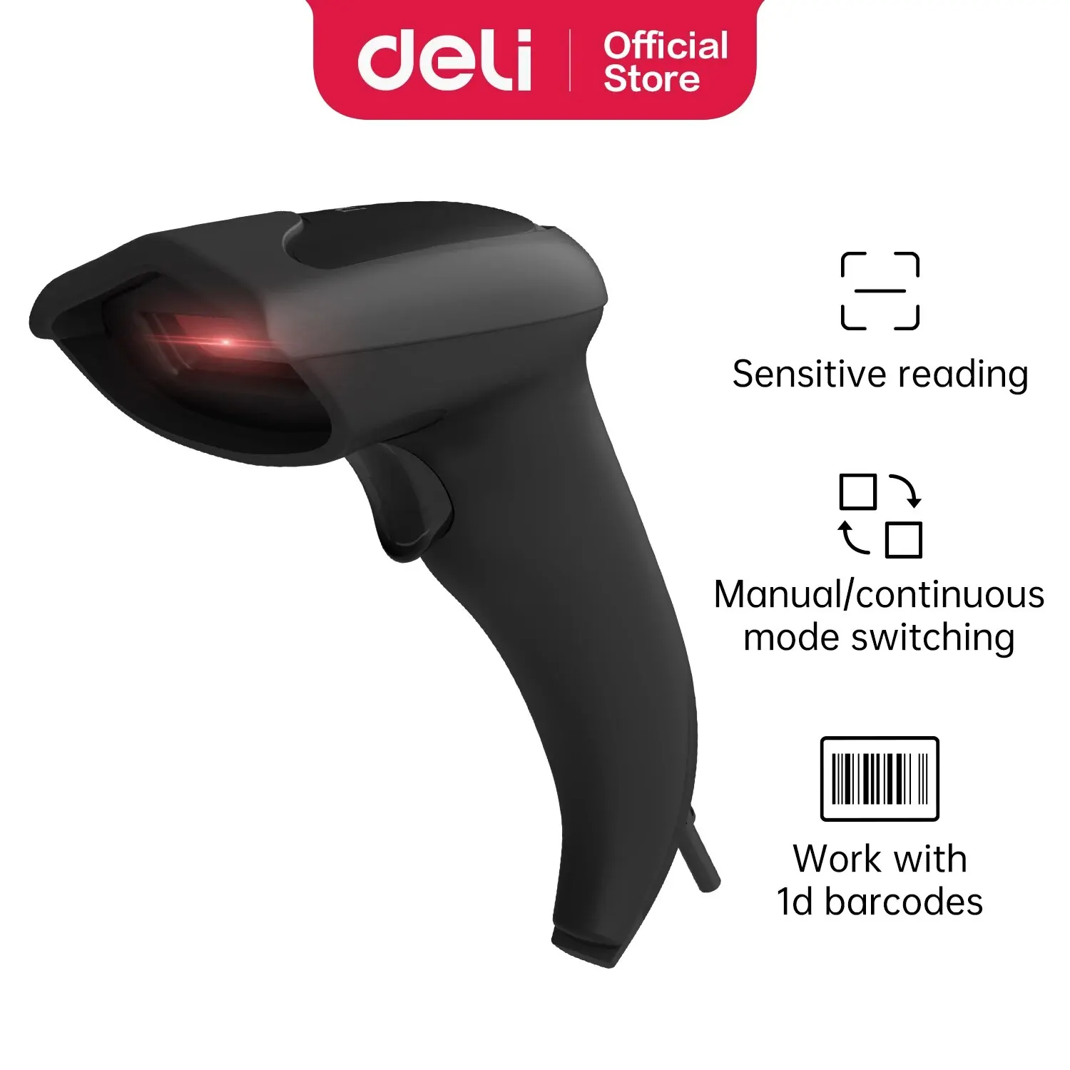 Deli-Handheld Barcode Scanner, Wired 1D USB Bar Code Reader, Código Data Matrix, loja, Supermercado, ES211
