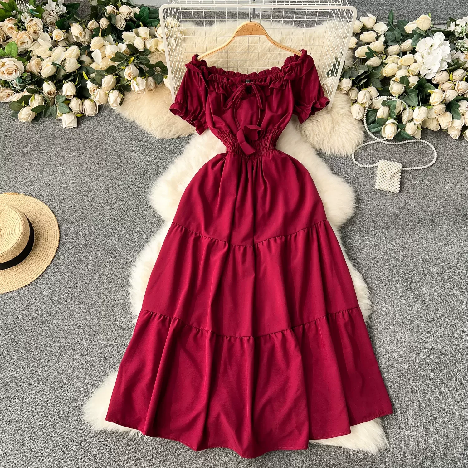 2024 New Summer Vacation Off Shoulders Slim Elastic Waist Long Dress Women Elegant Big Swing Maxi Beach Dress Party Robe Femme