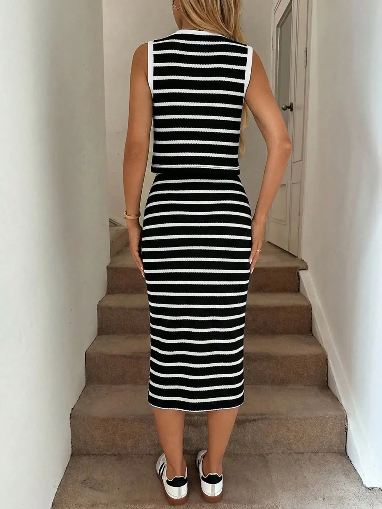 

Striped Button Front Sleeveless Midi Dress With Side Slit Casual Summer Women