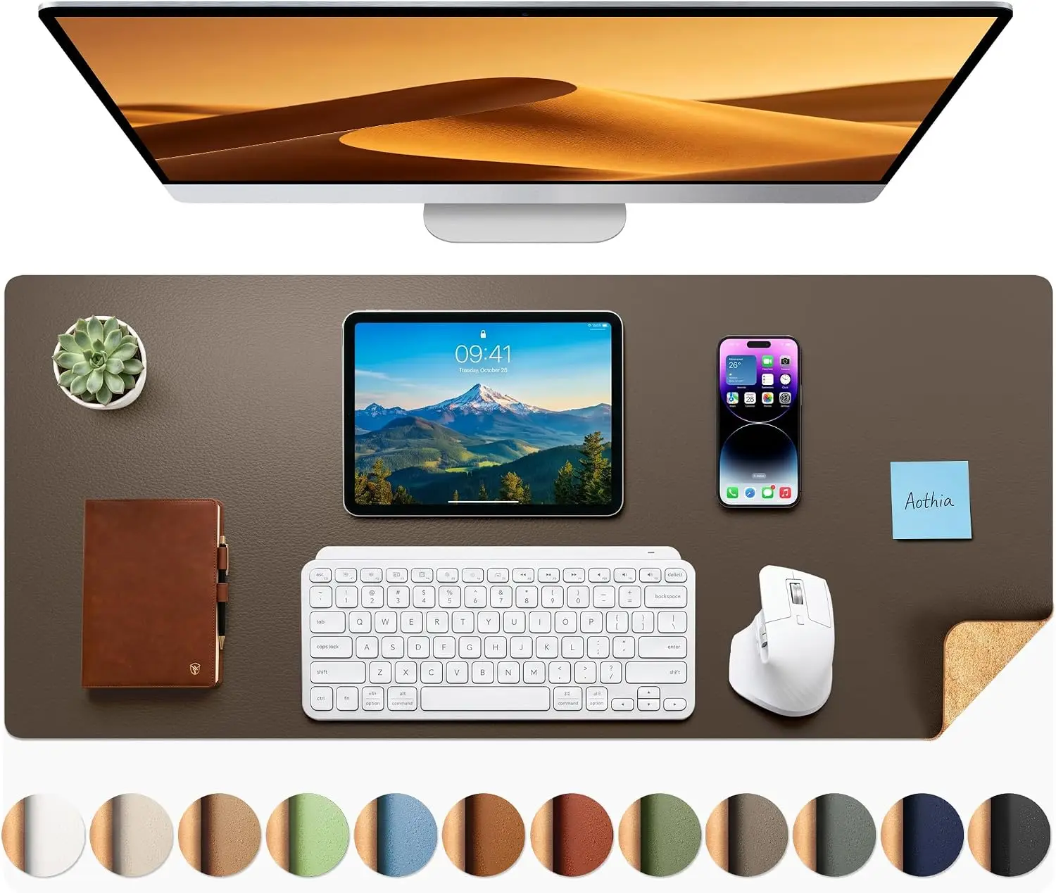 Dual-Sided Desk Pad, Leather & Cork, Waterproof, Large Mouse Pad, 35.4