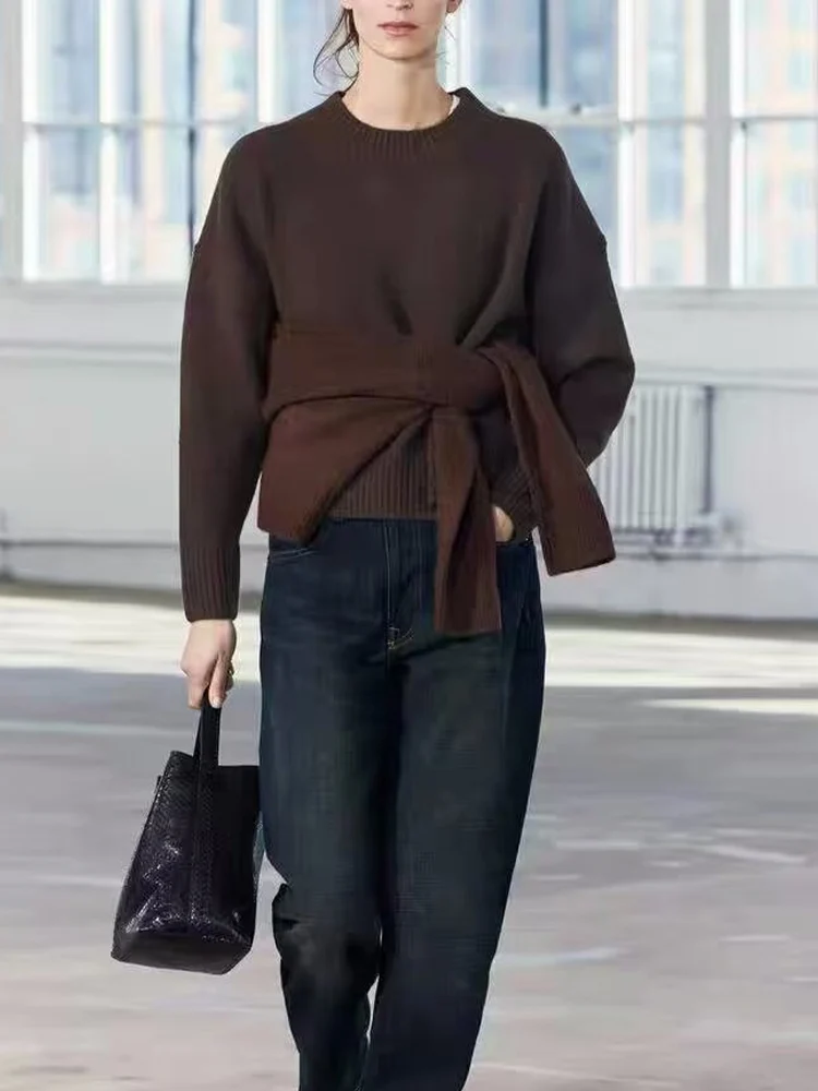 

Осенняя женская одежда в европейском и американском стиле, новый стиль, модный однотонный удобный свитер с мягким ретро-силуэтом