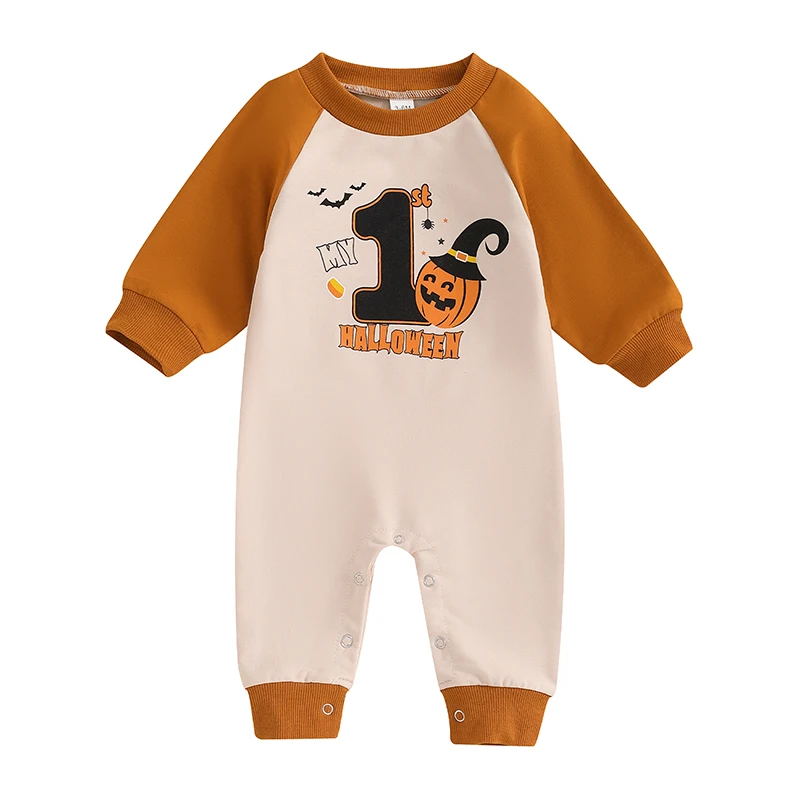 

Baby Halloween Romper Number Pumpkin Print Long Sleeve Round Neck Fall Jumpsuits