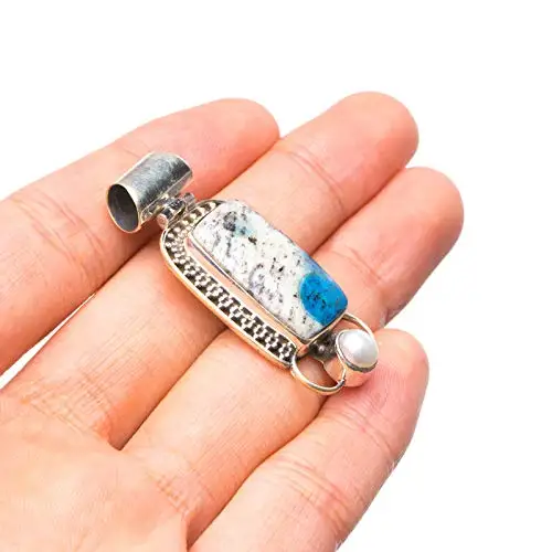 StarGems® Natural K2 Azurite and River Pearl Handmade Boho 925 Sterling Silver Pendant 1 1/2