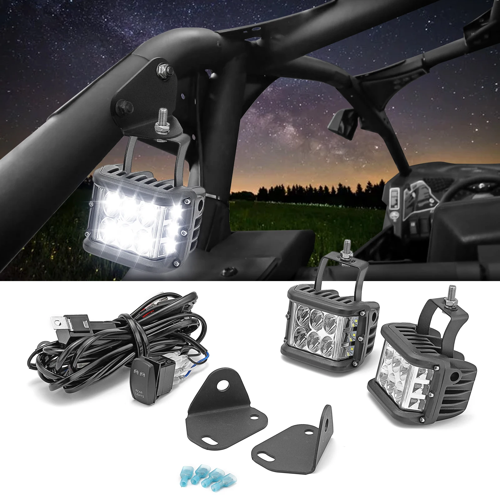 

60W LED Light+Roof Light Bar Rear B-Pillar Mount Bracket +Wiring Harness for 2017-2024 Can-Am Maverick X3 & X3 Max Accessories