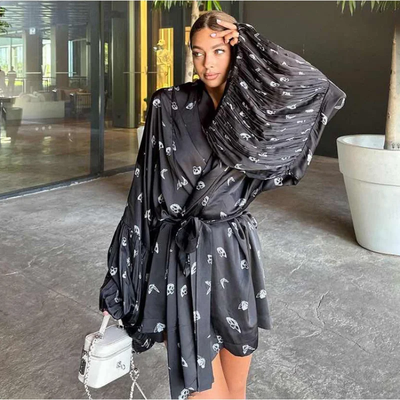 

2025New Butterfly Print Casual Dress for Women with Design Sense, Puff Sleeves, Tie, Satin DrapedALine skirt