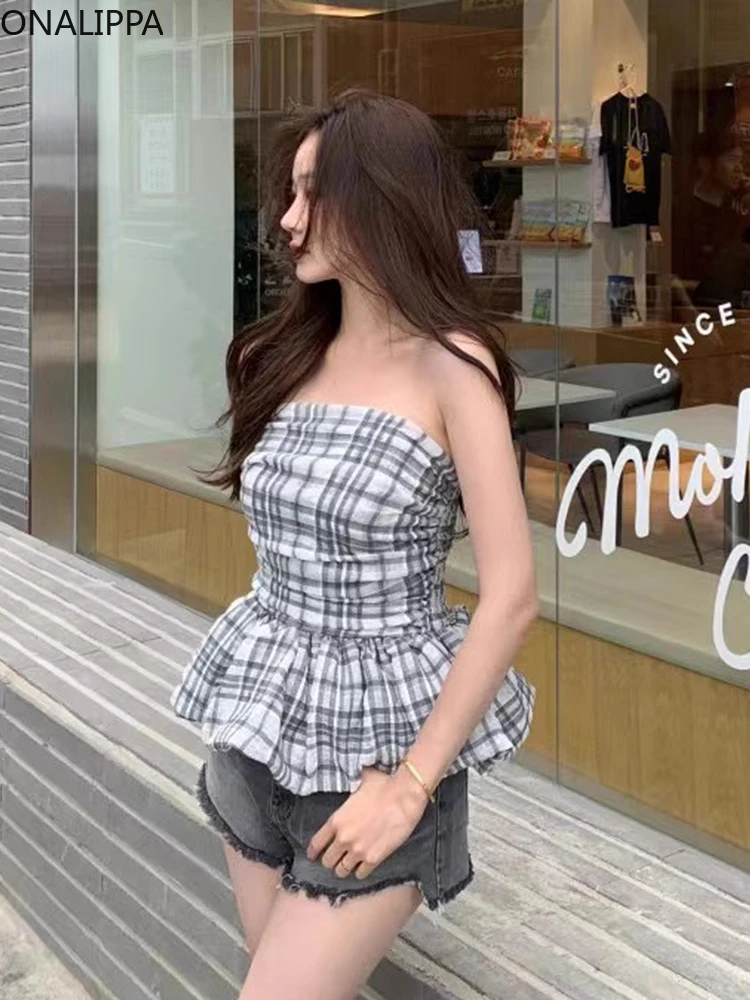 Onalippa Contrast Plaid Tank Top Slash Neck Strapless Back Elastic Ruffles Shirts for Women Korean Pleated Sleeveless Tops