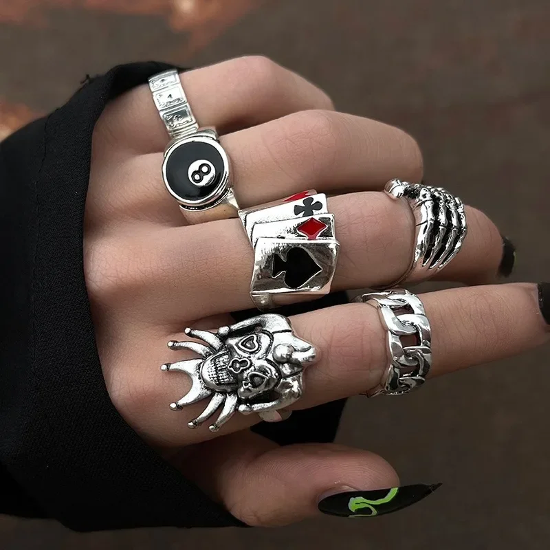 Personality Punk Stainless Steel Men Ring Set Vintage Spider Bat Skull Two-headed Snake Goth Rings Rock Jewelry Y2K Accesorios