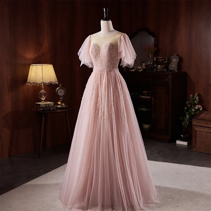 Robe de Soirée Personnalisée Rose avec Perles de Qualité, Col Rond, Manches Courtes, Longueur au Sol, à Lacets, Grande Taille, Formelle, B2739