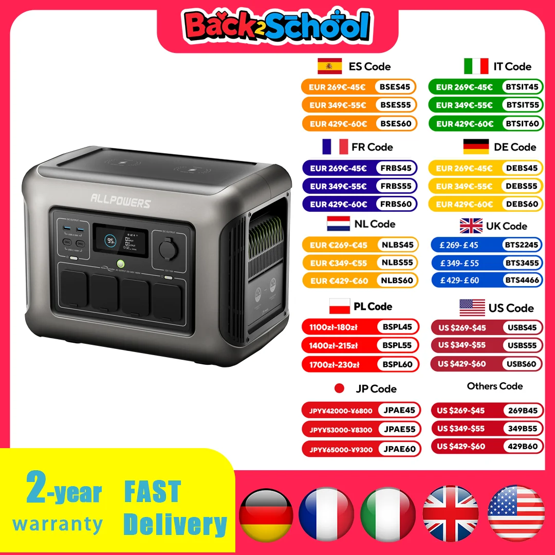 ALLPOWERS Centrale elettrica portatile R1500 Batteria LiFePO4 da 1152 Wh con generatore solare con uscita CA da 1800 W (3000 W di picco) per feste in giardino