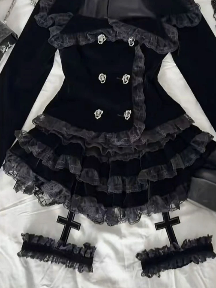 Y2k Aesthetic French Court Style 2 Piece Set Women Vintage Double-Breasted Lace Cross Coat + Skirt Harajuku Gothic Black Outfits
