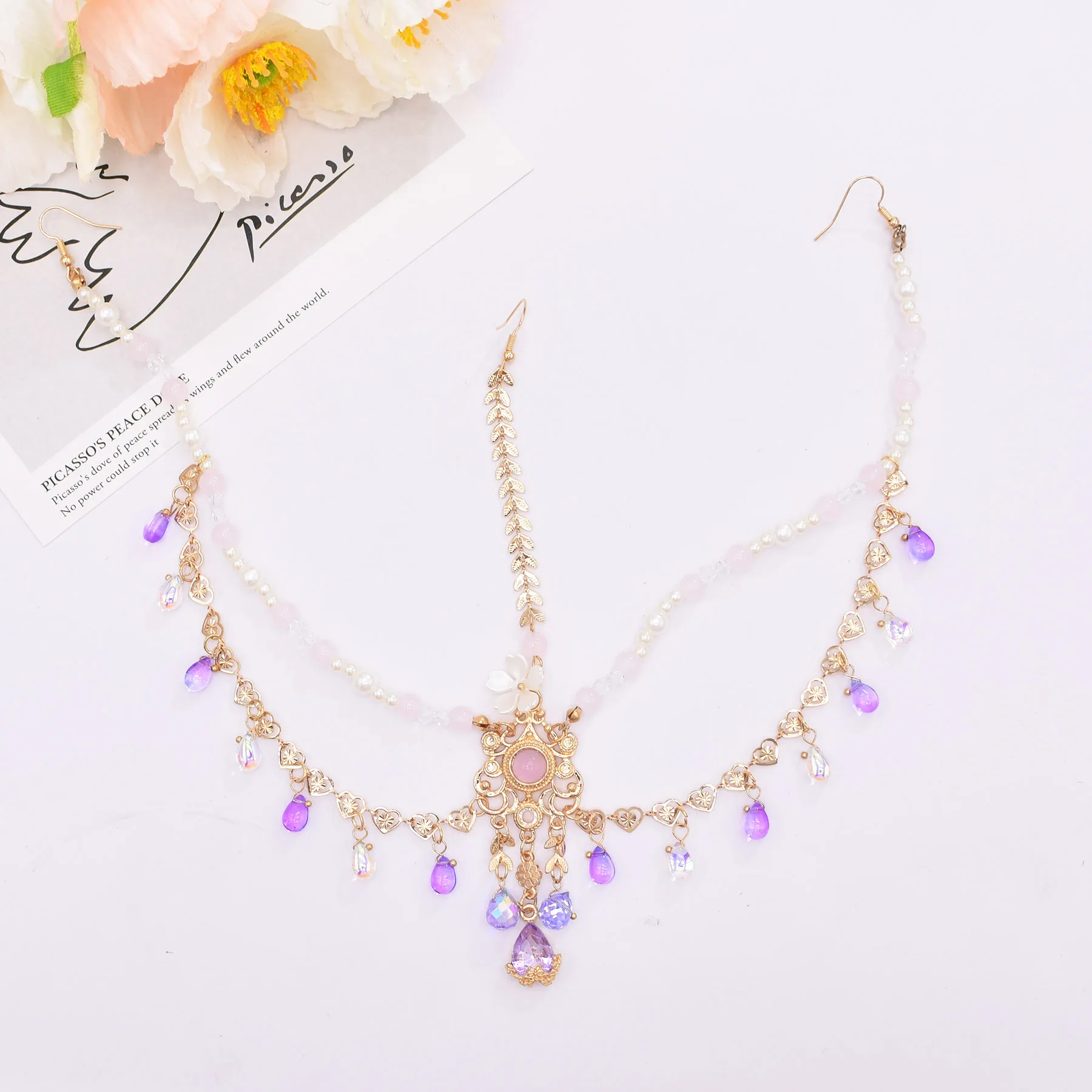 Fairy Long Tassel Veil Hair Ornaments Forehead Chain Face Curtain Retro Luxury Purple Crystal Elegant Headdress Hair Accessories