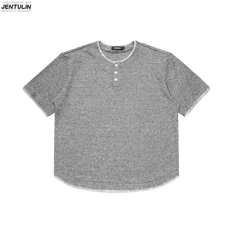 Simple Versatile Casual Short Sleeved T-shirt For Men's Street Fashion Loose Round Neck Button Half Open T-shirt Top For Summer