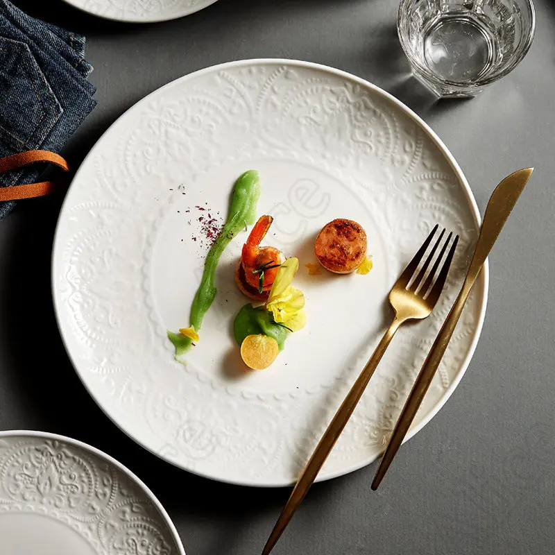 

Керамическая тарелка с белой Рельефной текстурой, десертная тарелка для завтрака, торта, ресторана, однотонные ковбойские обеденные тарелки на спагетти, стейк