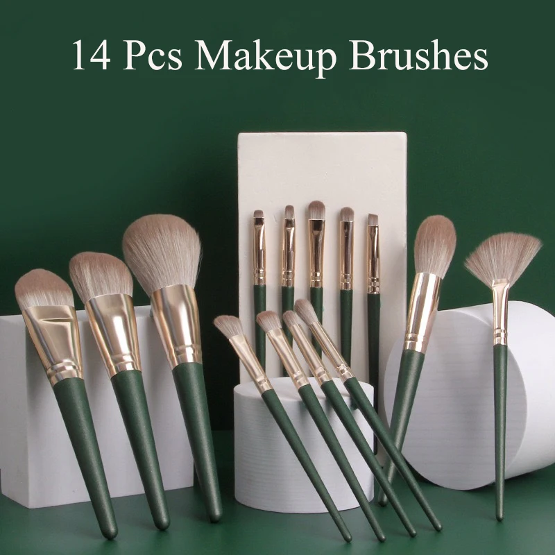 14Pcs Green Makeup Brush Set Synthetic Kabuki Brush Set With Bag Makeup Tools All Brushes Set