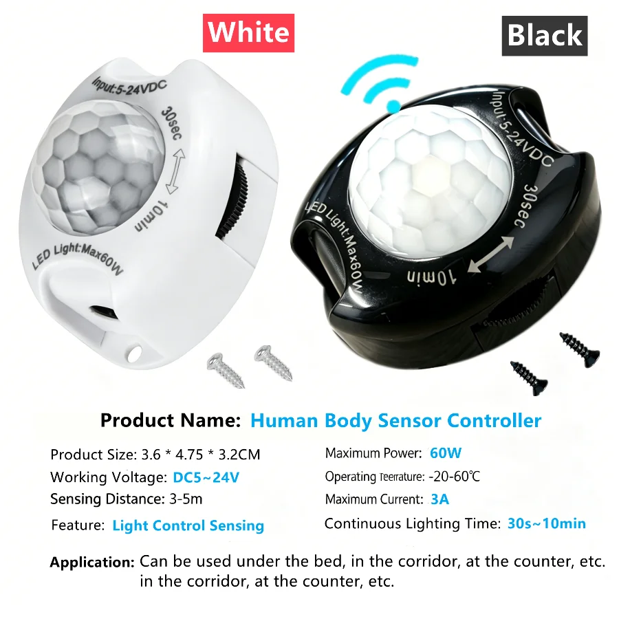 60W DC Plug Adjustable DC5~24V 3A Highly Sensitive PIR Motion Sensor Switch Infrared IR Sensor Detector Time Delay for LED Strip