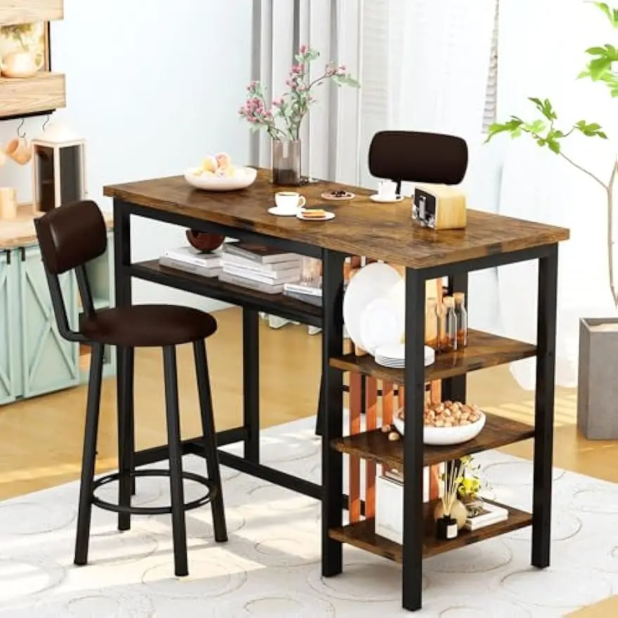 Recaceik Counter Height Dining Set - Bar Table and 2 Upholstered Stools with Storage Shelves, Kitchen Breakfast Nook Pub Set